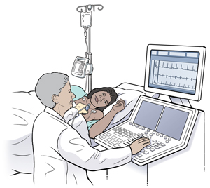 Woman lying on side on exam table with EKG leads on chest. Technician is holding ultrasound probe to woman's chest. 