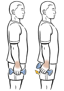 Person standing doing ulnar deviation exercise with hand weight.